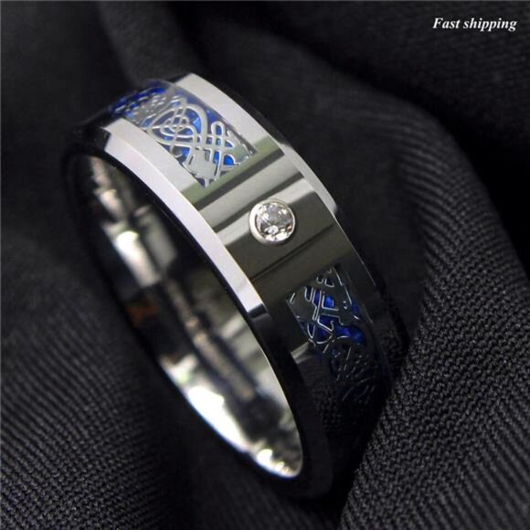 Men's Wedding Band Rings - Silver Celtic Dragon CZ Rings for Men and Women - Picture 4 of 7